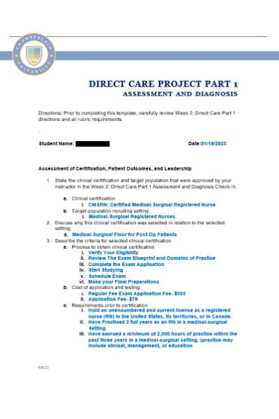 NR 447 Week 2 Assignment; Direct Care Project Part 1 - Assessment and Diagnosis (Collection)